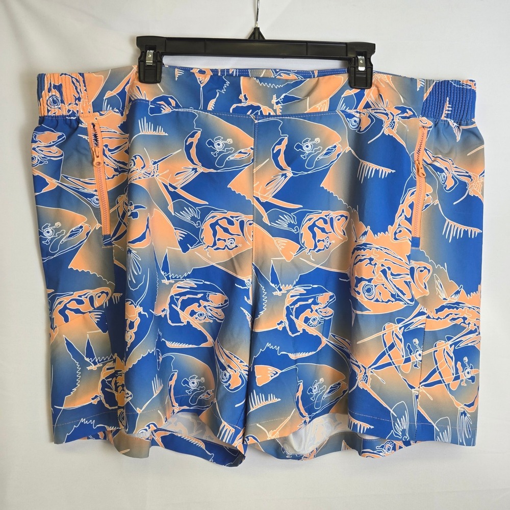 Columbia PFG Tidal II Shorts UPF Stretch Drawcord Pockets AOP Blue Orange 2x